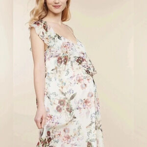 Jessica Simpson Maternity Cream Floral Asymmetrical Chiffon Ruffle Dress Size S